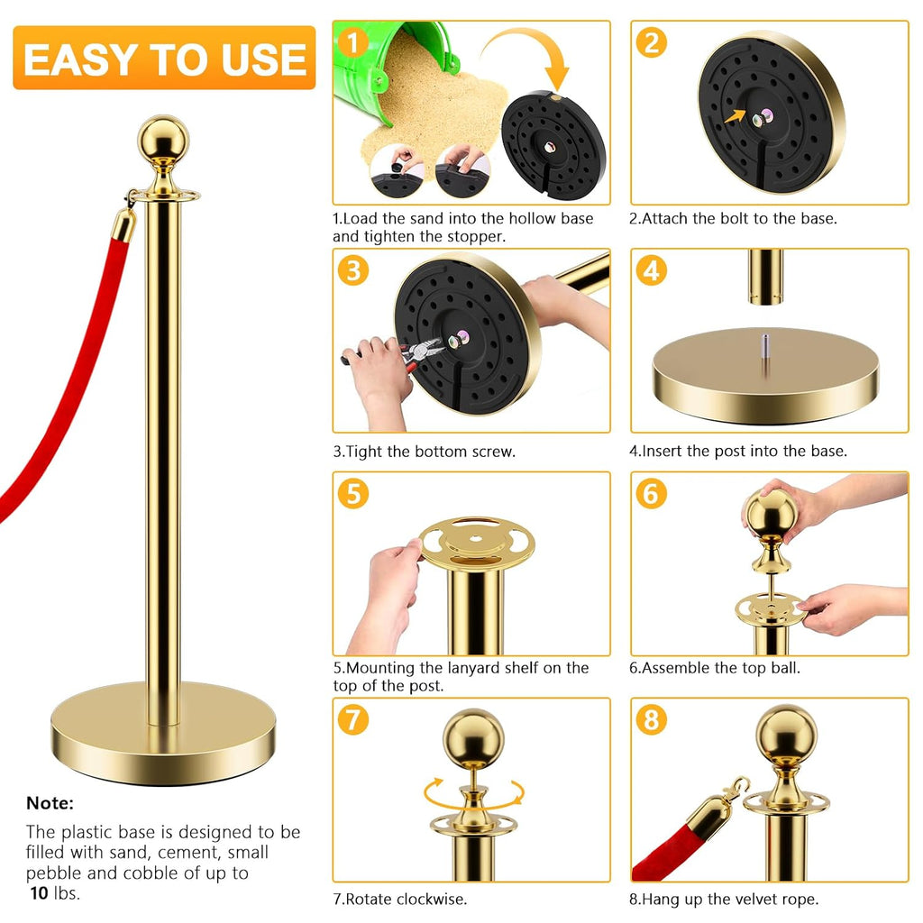 LOVMOR 12Pcs Gold Stanchion Posts Queue with 8pcs Red Velvet Rope, Crowd Control Barriers Queue Line Rope, Crowd Control Stanchion for Party Supplies
