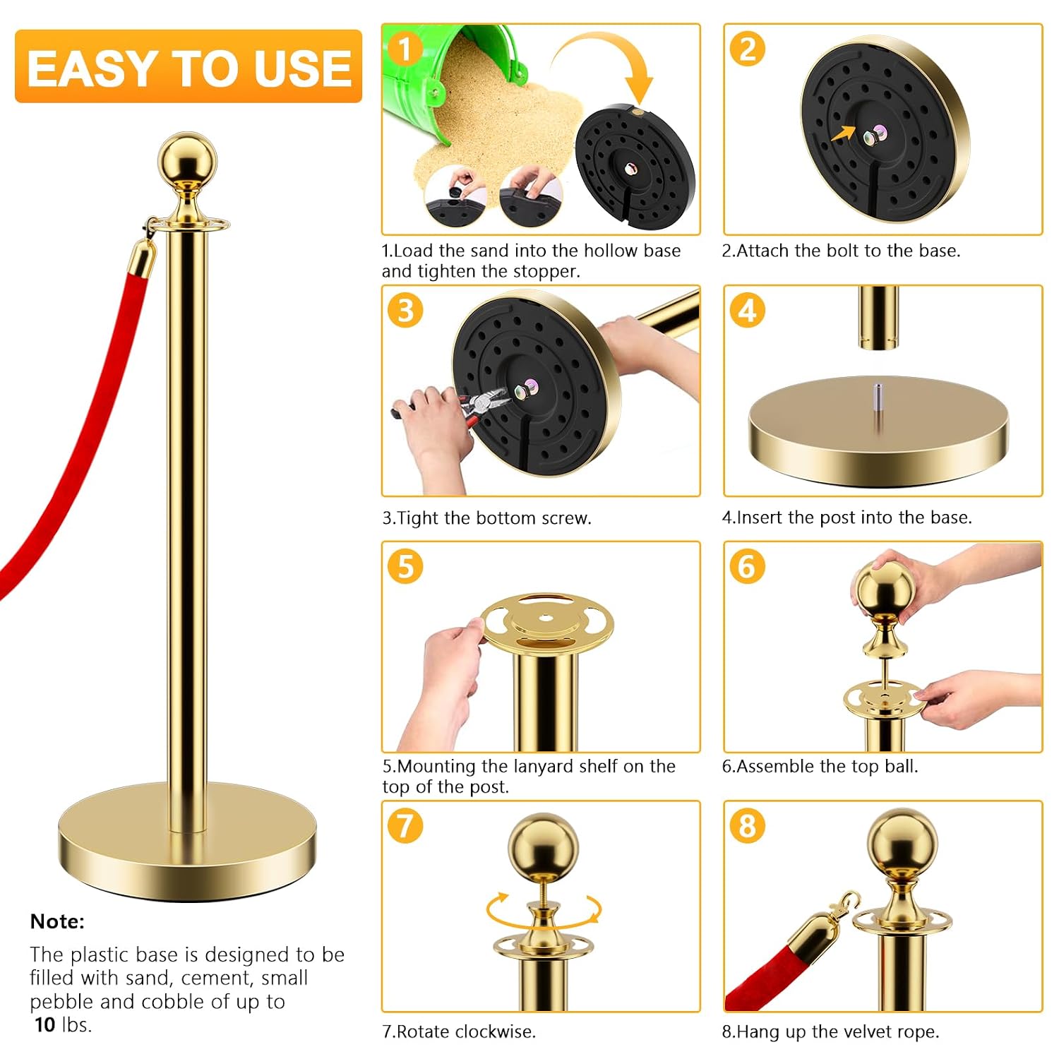LOVMOR 12Pcs Gold Stanchion Posts Queue with 8pcs Red Velvet Rope, Crowd Control Barriers Queue Line Rope, Crowd Control Stanchion for Party Supplies
