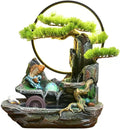 Desktop Fountain Tabletop Fountain Resin Mountain Stone Waterfall Cascading with Round LED Lights and Fake Trees Home Office Decoration Small Table Lamp