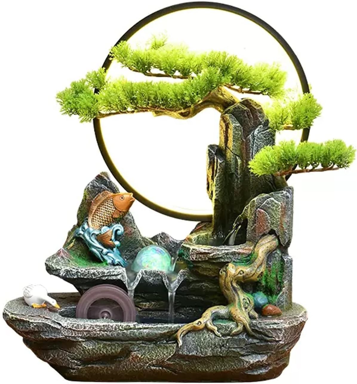 Desktop Fountain Tabletop Fountain Resin Mountain Stone Waterfall Cascading with Round LED Lights and Fake Trees Home Office Decoration Small Table Lamp