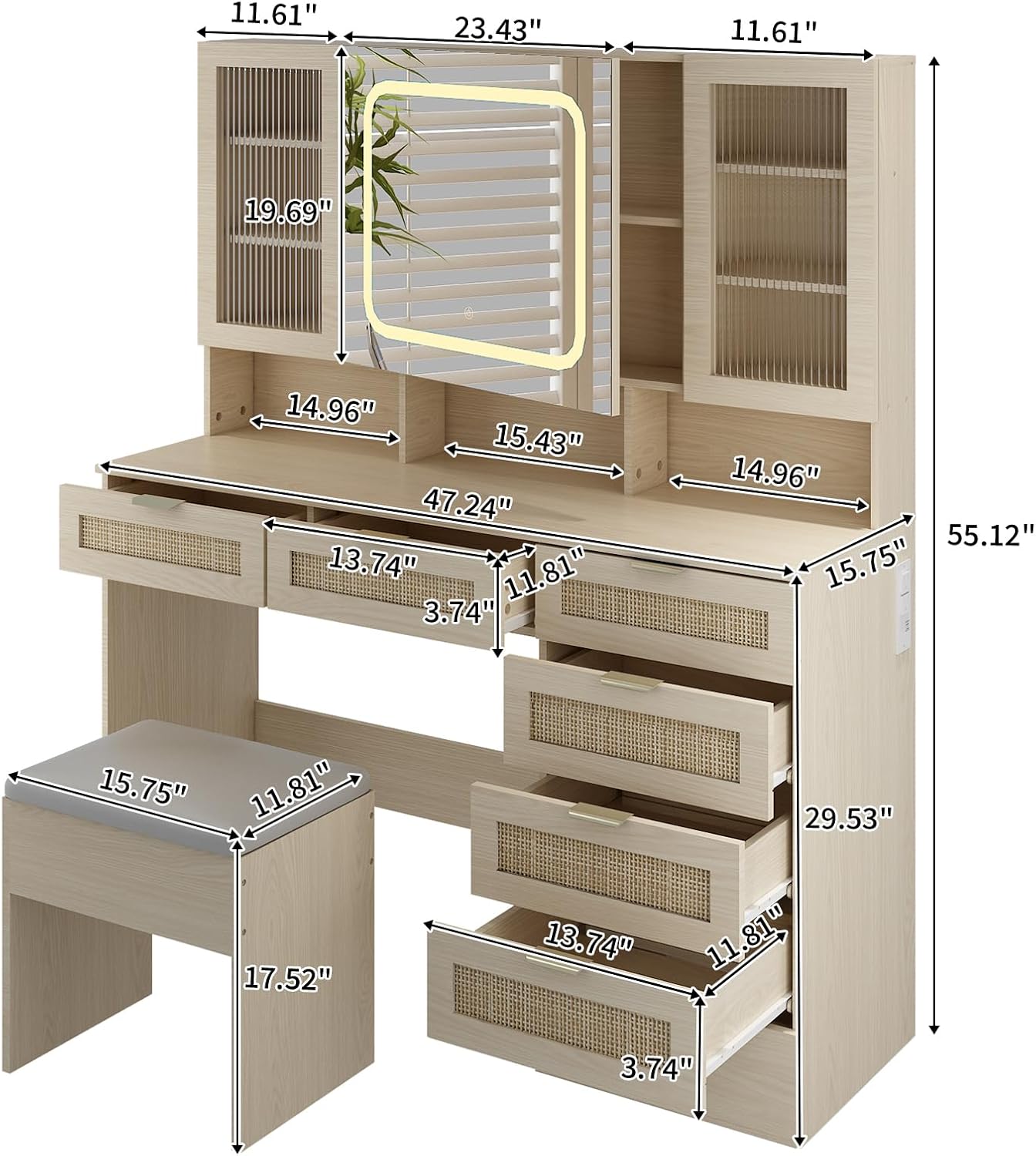 VINGLI Vanity Desk with LED Lighted Mirror & Padded Bench, Makeup Set with 7 Drawers & 2 Clear Glass Cabinets & 1 Hidden Mirror Cabinet & 3 Storeroom & Charging Station for Bedroom, Natural