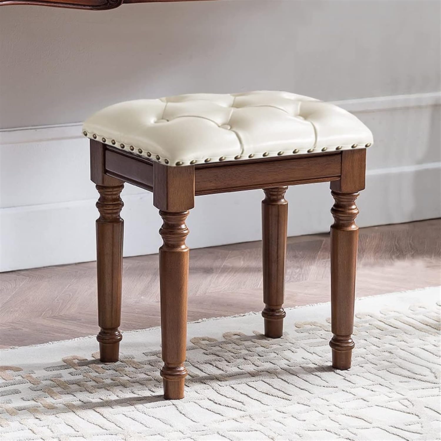 Vanity Bench with Padded Cushion, Vanity Chair Wooden Dressing Stool Bedroom Dressing Stool Piano Stool Reception Room Stool Small Dining Stool Oak Stool Legs(White)