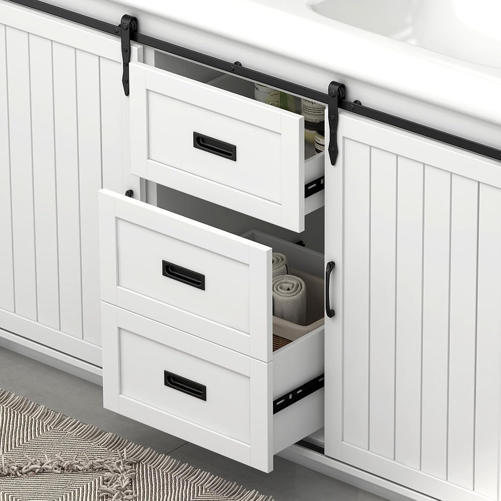 Bathroom Vanity with Double Sinks, 48' Standing Double Vanity with Drawers & Metal Handles, 2 Sink Bathroom Vanity with 4 Shelves, White