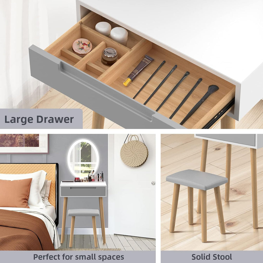 YOURLITE Small Vanity Desk with Mirror and Lights,Makeup Vanity Desk with Chair and Drawers for Small Space,Grey Vanity Dresser for Bedroom