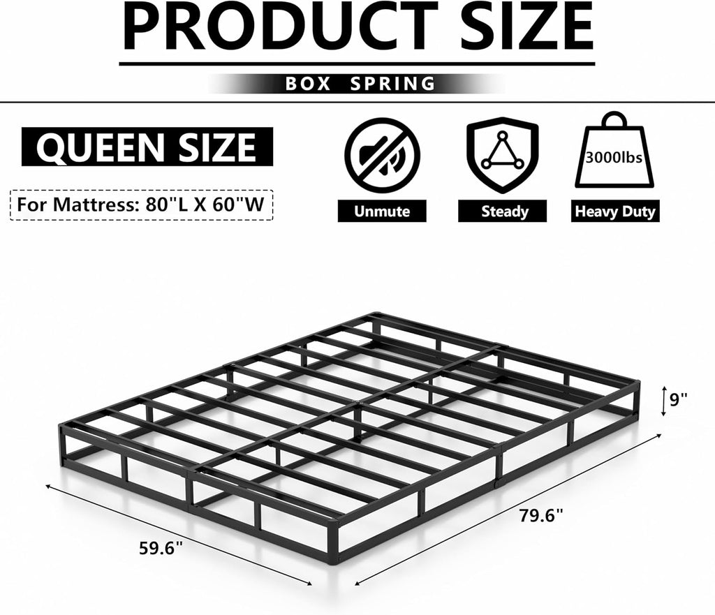 NHODIR 9 Inch Box Spring Queen Size Bed Base, Heavy Duty Metal Queen Mattress Foundation with Upholstered Fabric Cover, Noise Free, Easy Assembly, Black