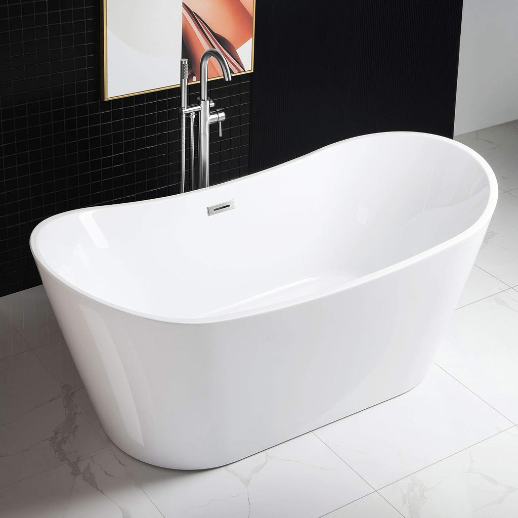 WOODBRIDGE 67' Acrylic Freestanding Bathtub Contemporary Soaking White Tub with Chrome Overflow and Drain,B0010-C