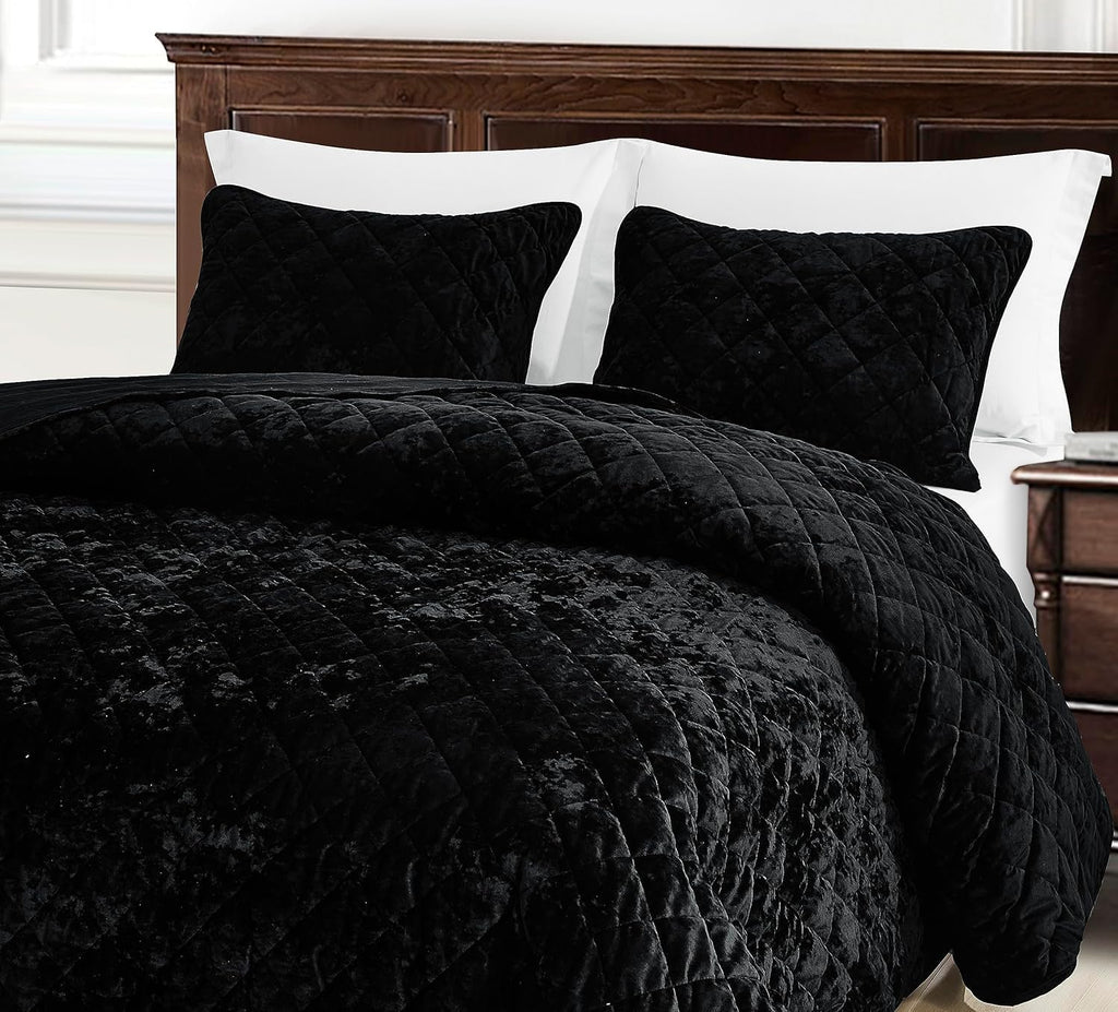Chezmoi Collection Lux Black Velvet Quilt Oversized King Set, 3-Piece Plush Distressed Velvet Bedding All Season Lightweight Comforter Brushed Microfiber Reverse with Diamond Stitch Quilting