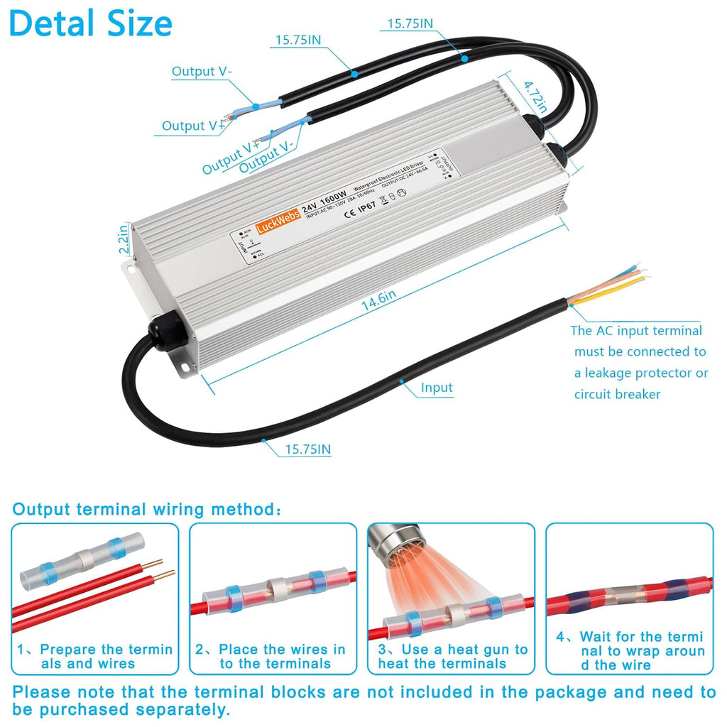 LED Driver 24V 1600W Waterproof Power Supply AC 90-130V to DC 24V66.6A Low-Voltage Transformer IP67 Switching Power Supply Suitable for High-Power LED Lighting and Any 24V DC Equipment