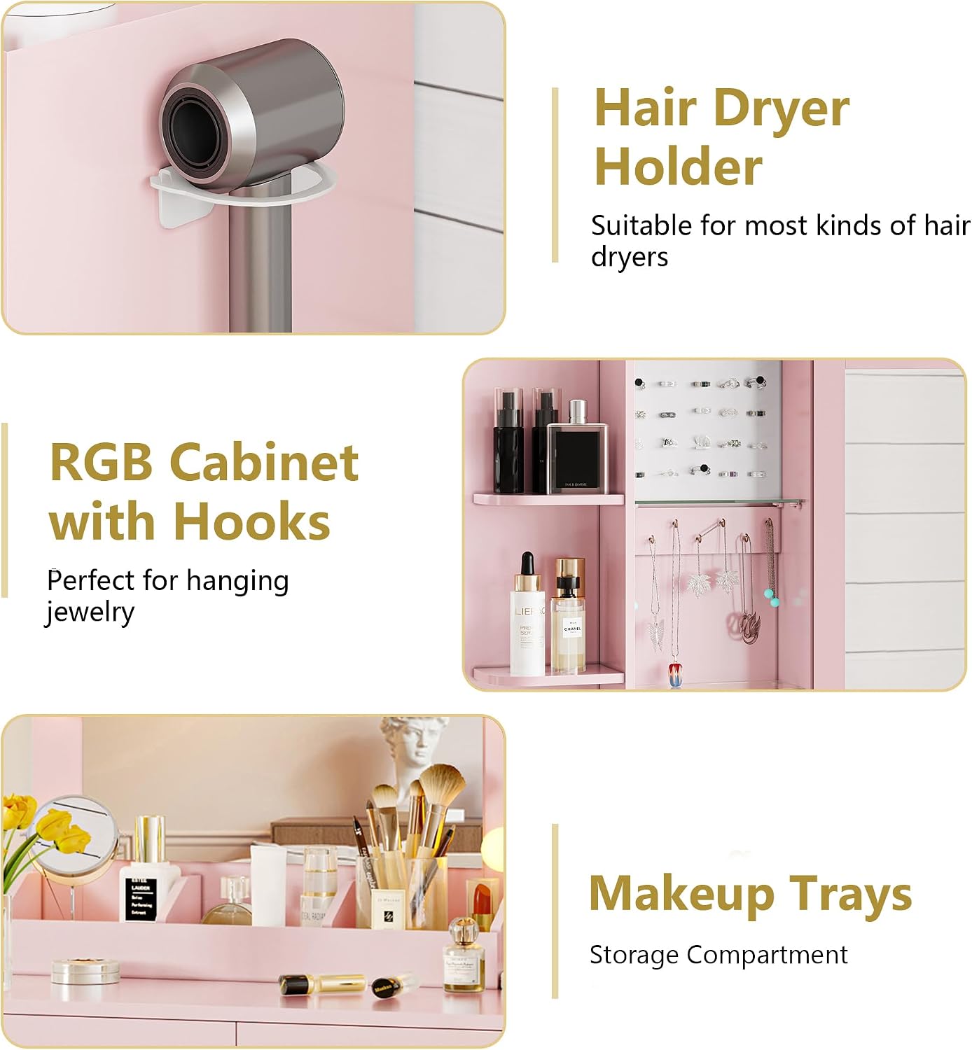 Xixini Vanity Desk with Mirror and Lights, Makeup Vanity Table Set with 5 Storage Drawers, Power Outlet, Small Dressing Table with RGB Ambient Light, Adjustable Brightness for Girls Bedroom, Pink