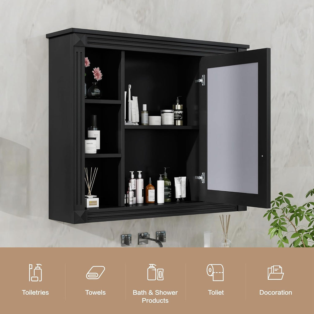 Merax Medicine Cabinet with Mirror, Wall Mount Bathroom Cabinet Over Toilet Storage Cabinet Organizer with Door and Open Shelves, Mirrored Bathroom Wall Cabinet