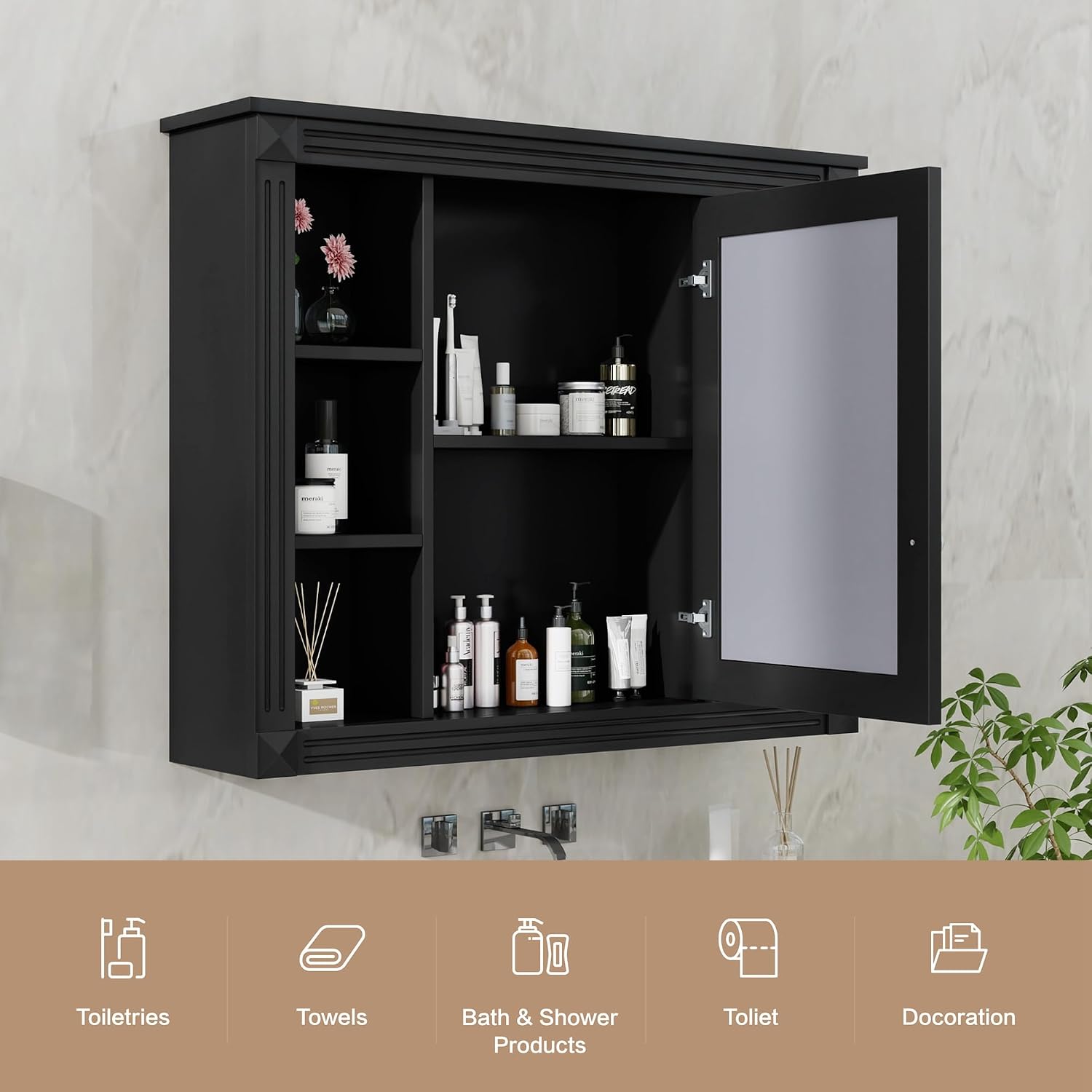 Merax Medicine Cabinet with Mirror, Wall Mount Bathroom Cabinet Over Toilet Storage Cabinet Organizer with Door and Open Shelves, Mirrored Bathroom Wall Cabinet