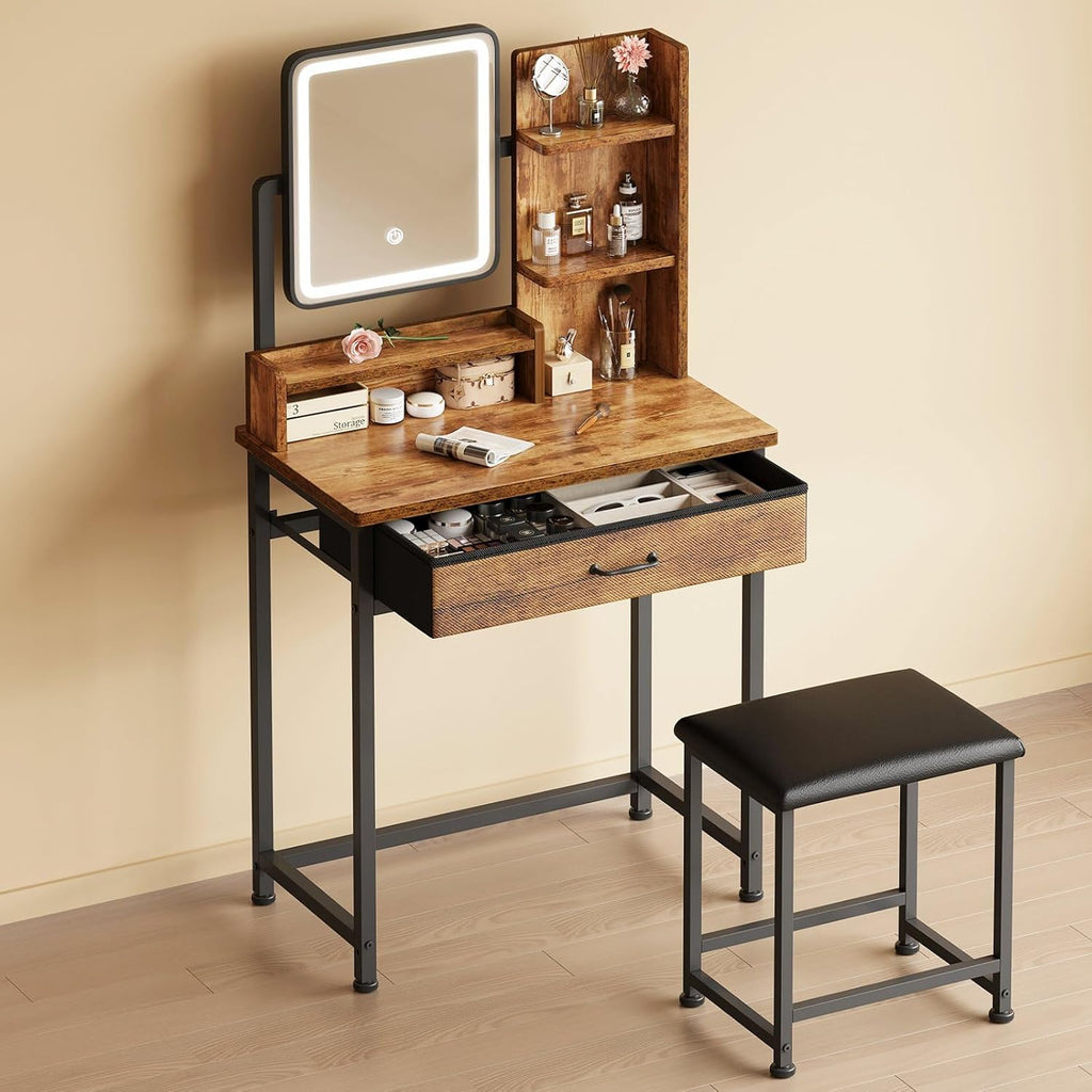 YeTom Makeup Vanity Desk with Mirror and Lights, Small Vanity with Fabric Storage Drawer & Chair & Shelves, Rustic Brown Compact Makeup Vanity Set for Bedroom