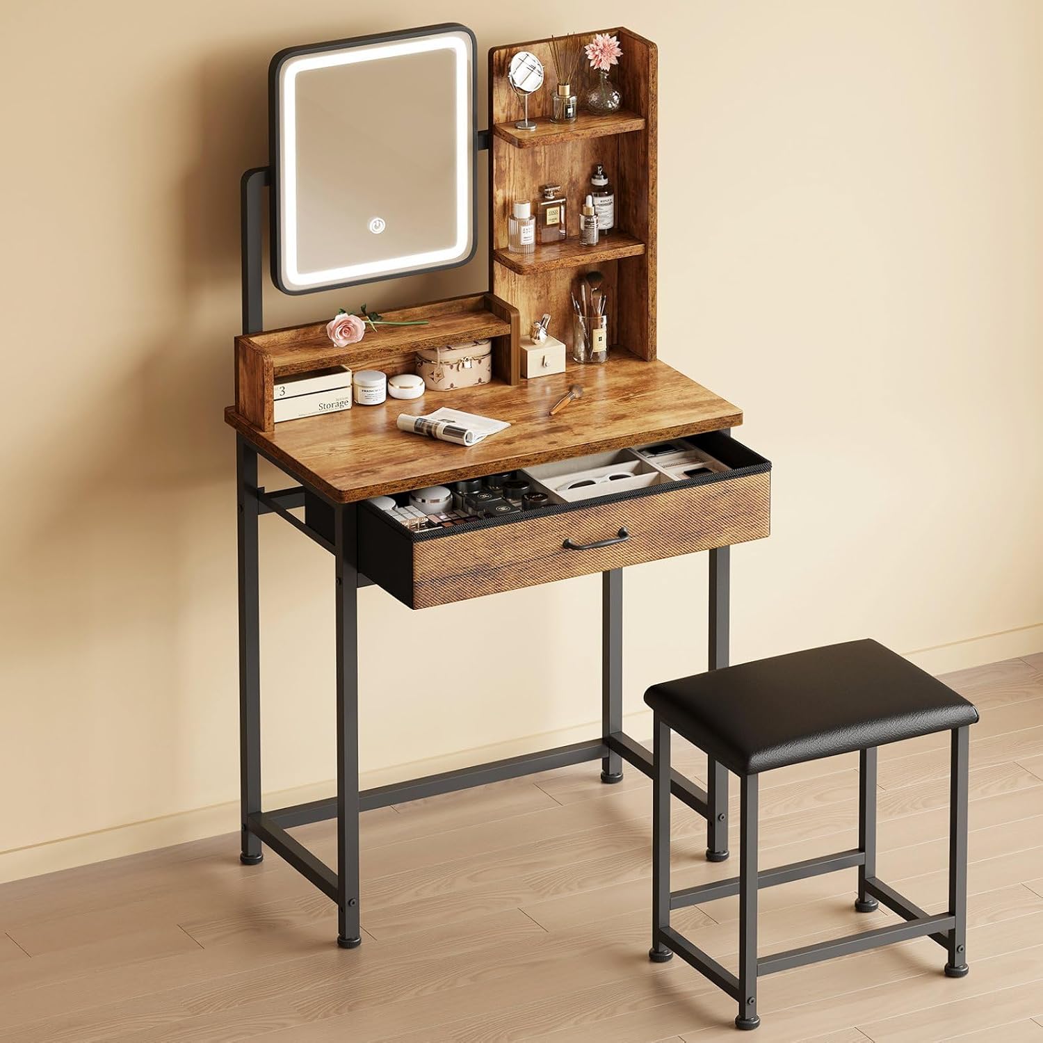 YeTom Makeup Vanity Desk with Mirror and Lights, Small Vanity with Fabric Storage Drawer & Chair & Shelves, Rustic Brown Compact Makeup Vanity Set for Bedroom