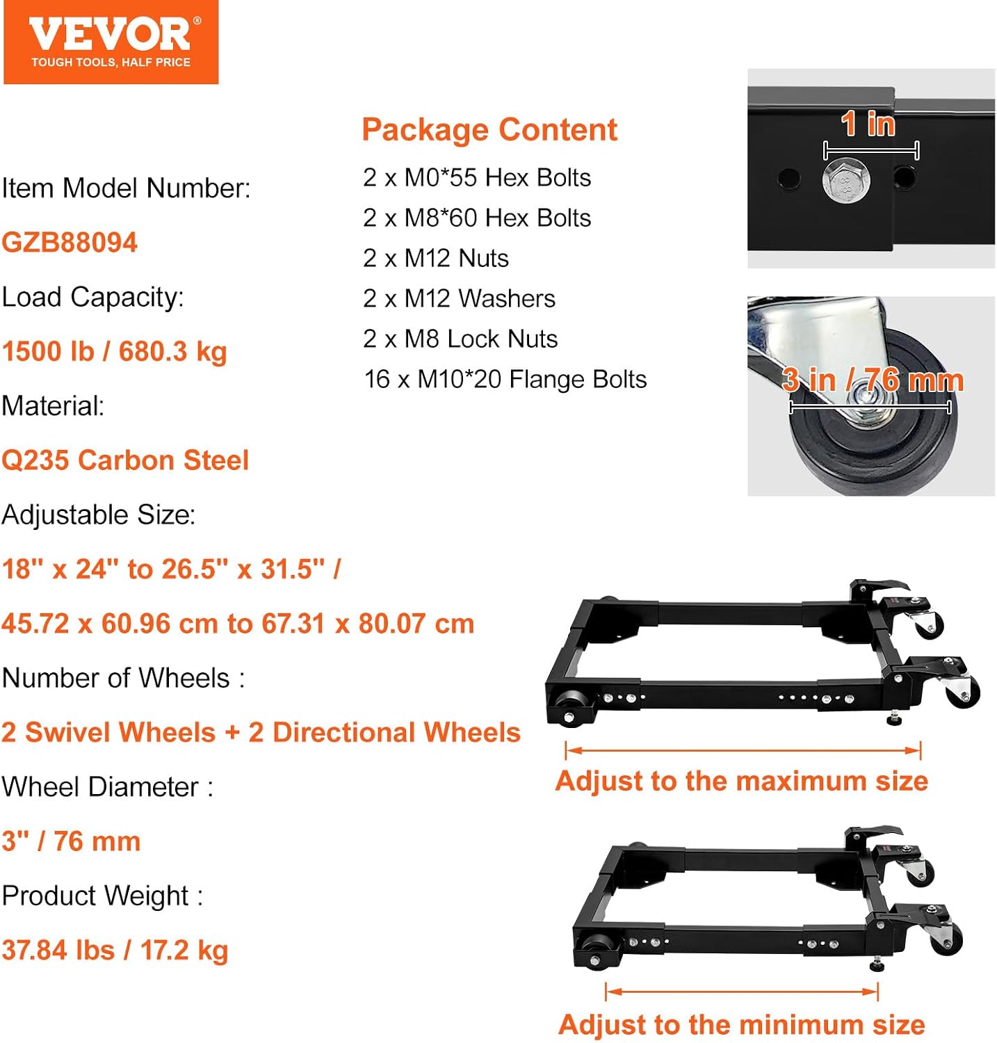VEVOR Mobile Base, 1500 lbs Capacity, Adjustable from 18' x 24' to 26.5' x 31.5', Heavy Duty Universal Mobile Base Stand with Swivel Wheels, for Woodworking Equipment, Bandsaw, Power Tools, Machines