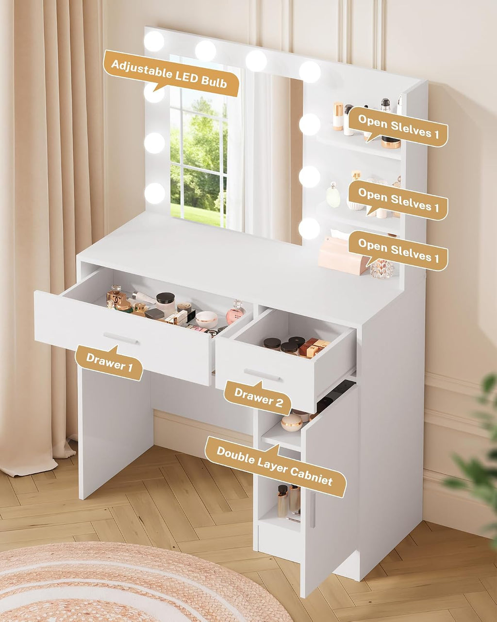 LIVELYGLOW White Makeup Vanity with 10 Hollywood Light Bulbs, 35.4' Wide Dressing Table with Large Mirror & Dimming Function, Small Space Vanity Desk with 2 Drawers, Storage Cabinet & Shelves