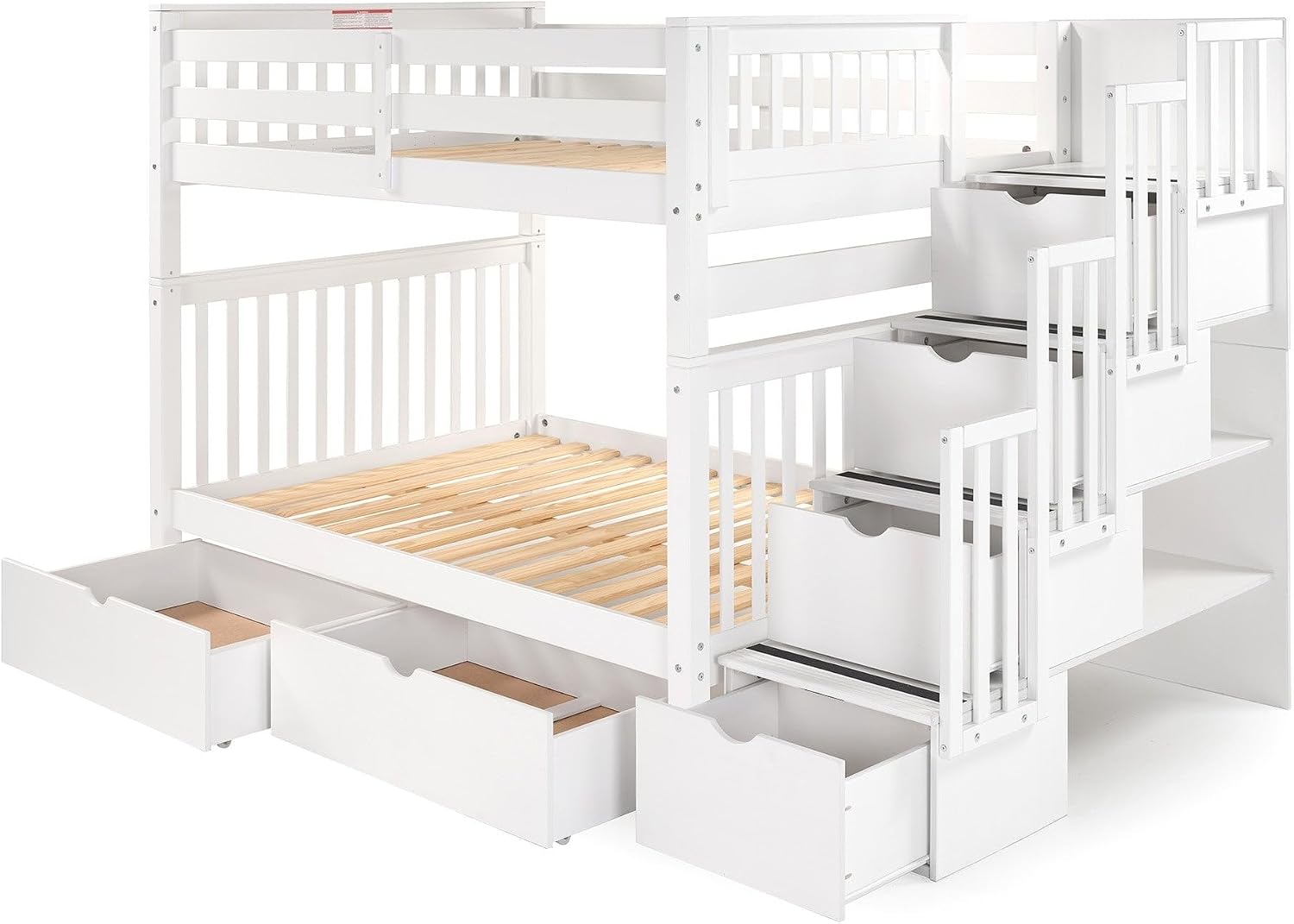 Bedz King Stairway Bunk Beds Full Over Full, 4 Step Drawers, 2 Storage Drawers, White