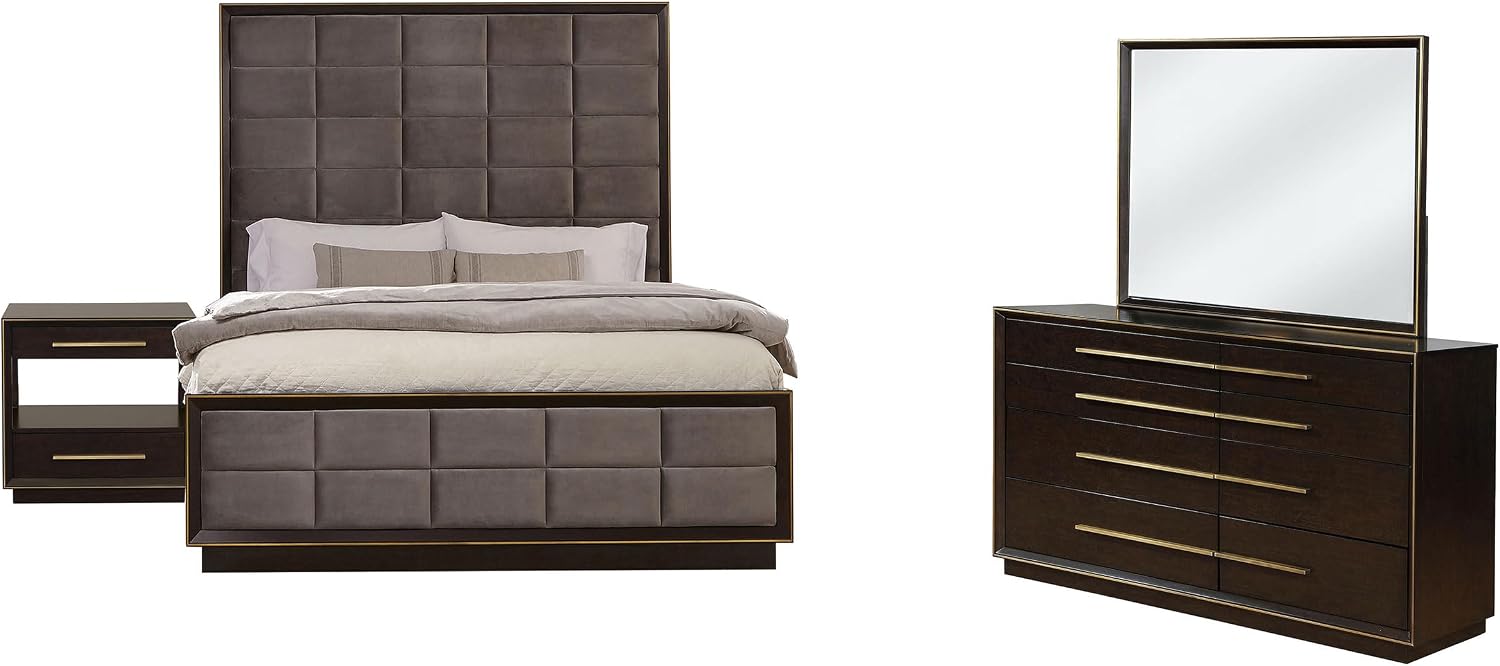 Coaster Home Furnishings Durango Contemporary 4-Piece Bedroom Set Velvet Upholstered California King Size Panel Bed Frame 80-inch Headboard Smoked Peppercorn 223261KW-S4