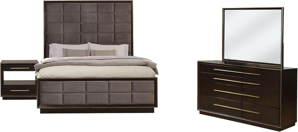 Coaster Home Furnishings Durango Contemporary 4-Piece Bedroom Set Velvet Upholstered Eastern King Size Panel Bed Frame 80-inch Headboard Smoked Peppercorn 223261KE-S4