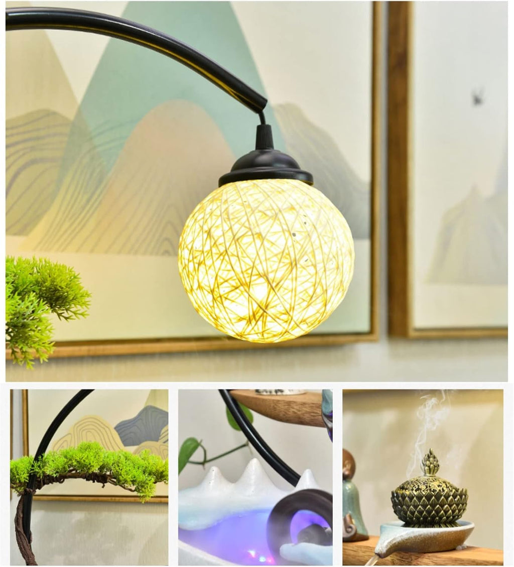 Tabletop Fountain Indoor Fountain Zen Meditation Desktop with Rattan Ball Lamp and Incense Burner Relaxation Waterfall Fountains Water Feature Tabletop for Home Office Decor