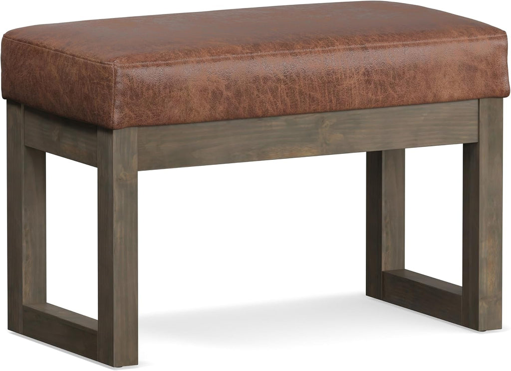 SIMPLIHOME Milltown Small Ottoman Bench - 27 inch Wide Upholstered Vegan Leather Rectangle Footstool Ottoman in Distressed Saddle Brown, Contemporary Bench for Bedroom with Cushioned Seat, Assembled