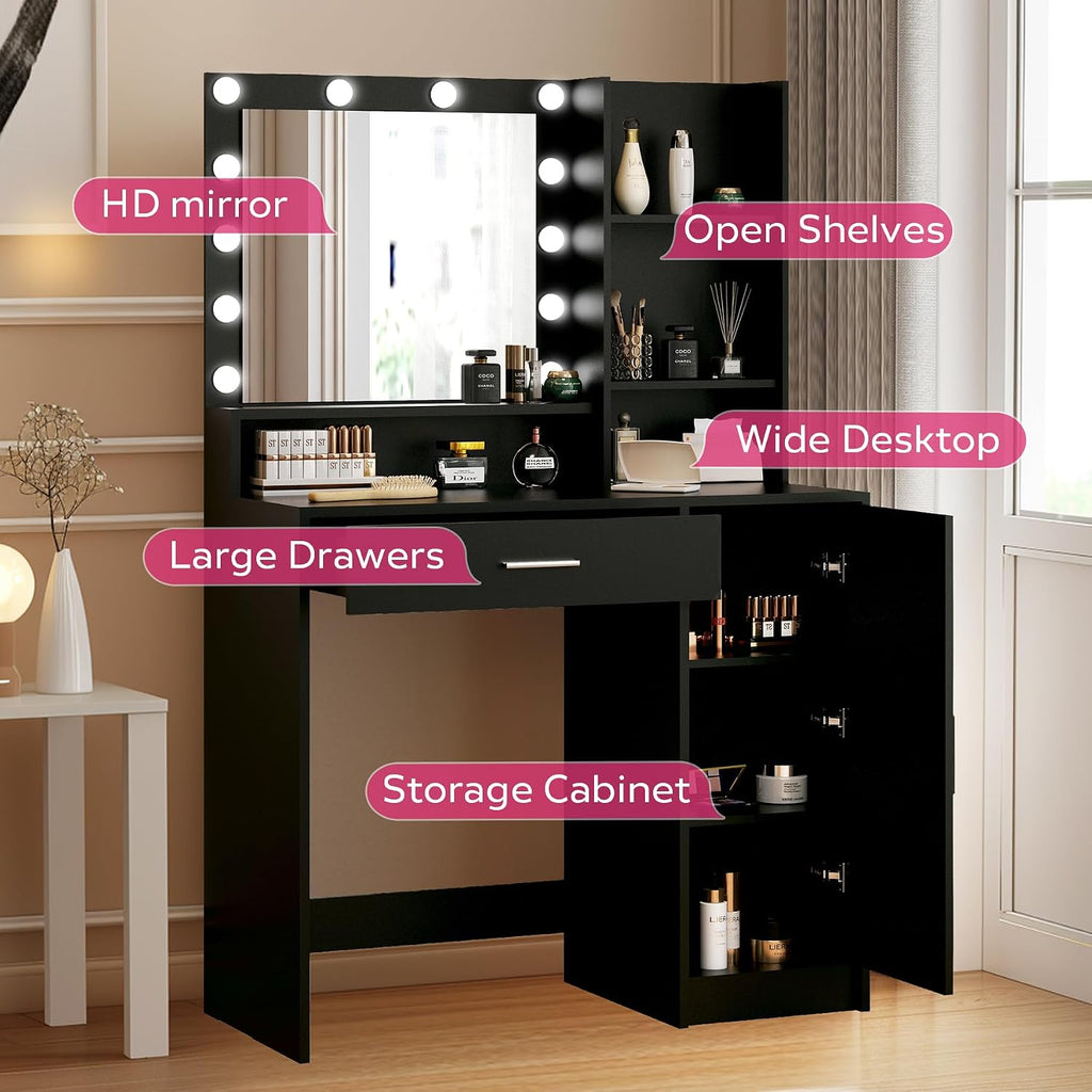 Palimder Vanity Desk with Mirror & Light, Large Drawer & Three Level Storage Dresser, 3 Lighting Modes Adjustable Brightness, Bedroom Dressing Table (Black)