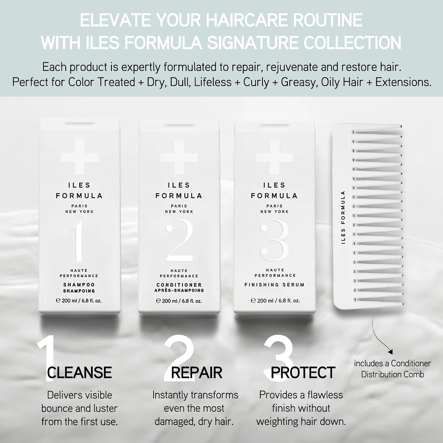 ILES FORMULA Signature Collection Deep Repair Shampoo & Conditioner w/Finishing Serum Blow Dry Cream for Dry, Damaged, Frizzy Hair - Hydrating Hair Care for Less Breakage & Healthy Hair Growth