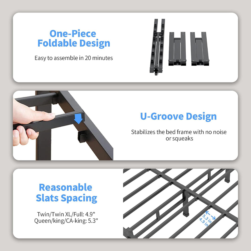 ROIL 14 Inch King Size Bed Frame with Mattress Slide Stopper - Double Black Basic Anti Squeak Steel Slats Metal Platform, Heavy Duty Noise Free Easy Assembly Bedframes, No Box Spring Needed