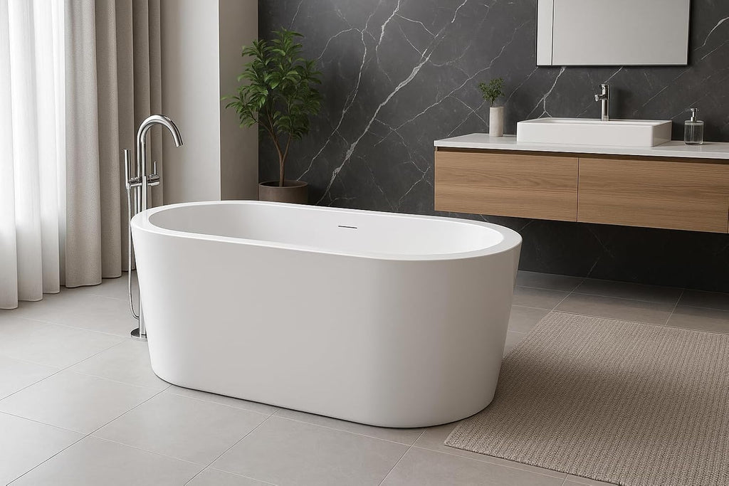 Carver Tubs - Vitality 59' - Modern White Freestanding Soaking Bathtub, With Oil Rubbed Bronze Center Drain - Classic Oval Acrylic Fiberglass Bath Tub - Deep Relaxing Soak - 59' L x 31.5' W x 23' H