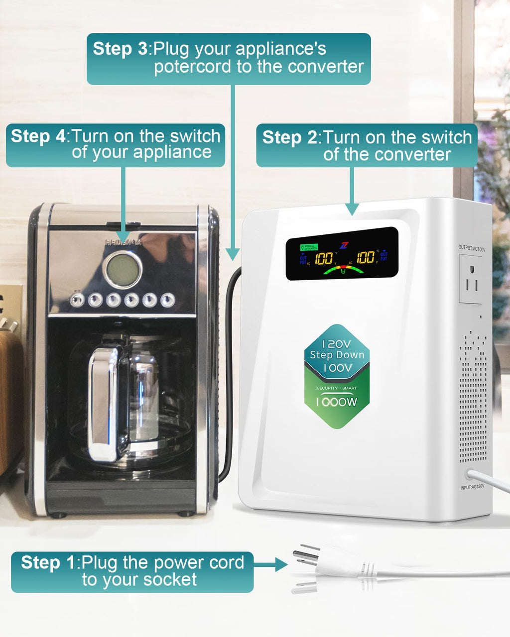 ZHENGXI 120v to 100v Step Down Transformer 1000W Power Voltage Converters, No Noise, Ten Protection Functions,Using Japan Appliances in US