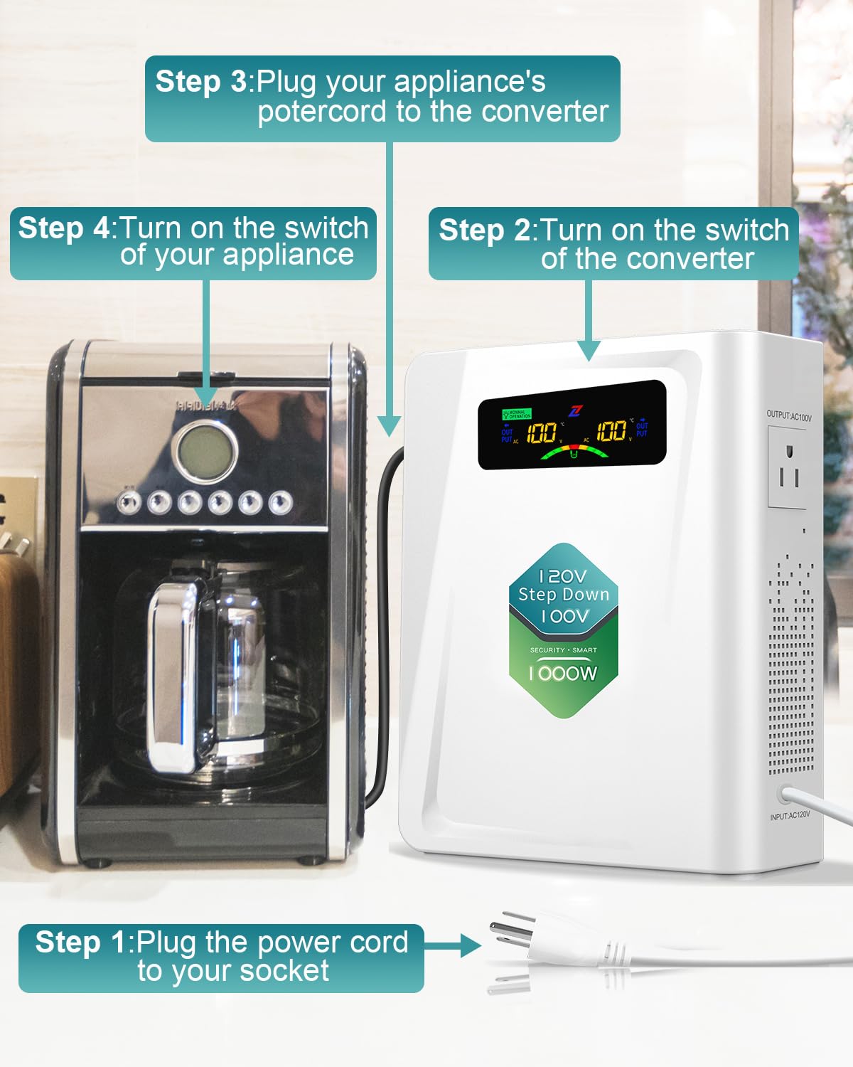 ZHENGXI 120v to 100v Step Down Transformer 1000W Power Voltage Converters, No Noise, Ten Protection Functions,Using Japan Appliances in US