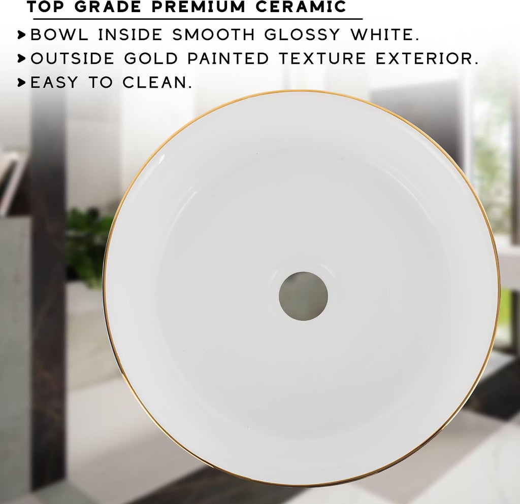 Strictly Sinks Round Gold Ceramic Luxury Vessel Sink - Modern Ceramic Countertop Bathroom Sink – Easy to Install Above Counter Luxurious Bathroom Vessel Sink