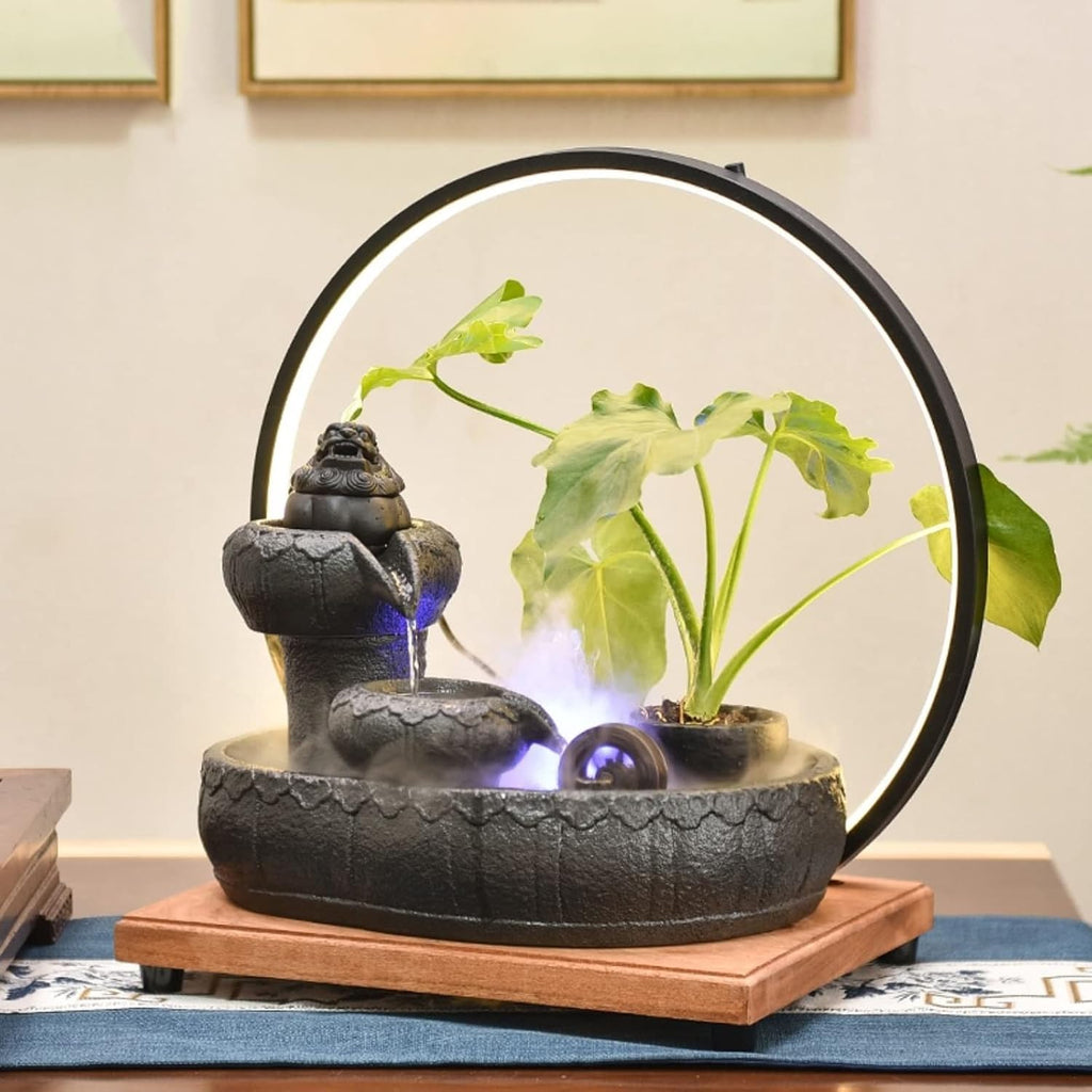 Tabletop Fountain Ceramic Tabletop Fountain with Wooden Base and LED Light Ring Indoor for Home Decoration Table Desk Office Patio