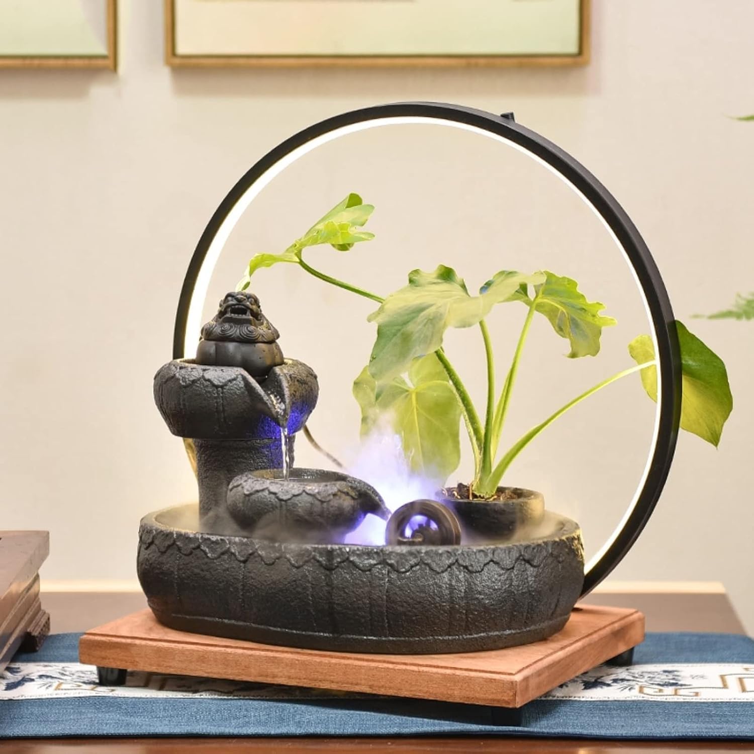 Desktop Fountain Ceramic Tabletop Fountain with Wooden Base and LED Light Ring Indoor for Home Decoration Table Desk Office Patio