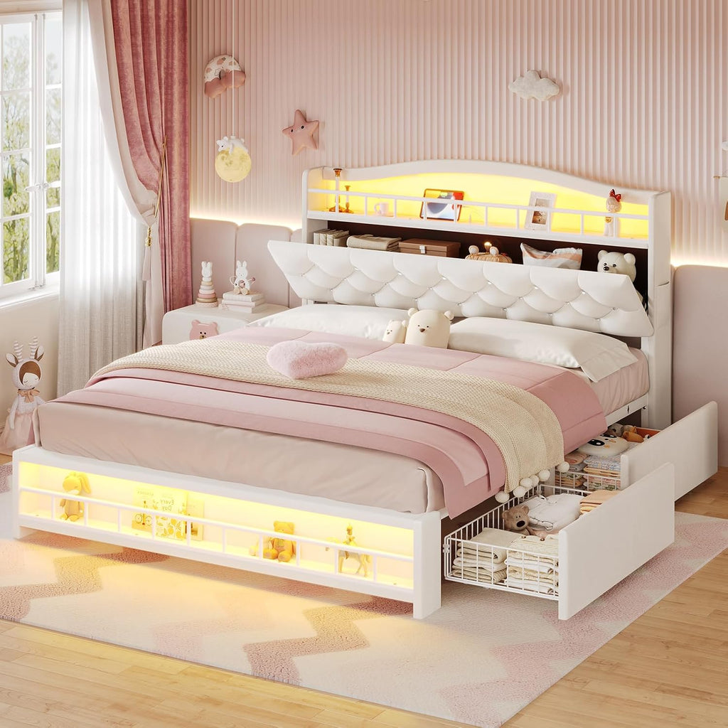 BTHFST Full Bed Frame with Storage Headboard & 4 Drawers, Girl Upholstered Storage Bed with LED Lights & Charging Station, No Box Spring Needed, Easy Assembly, Beige
