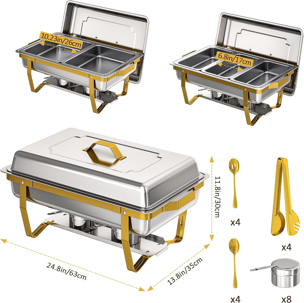 4 Pack Stainless Steel Chafing Dishes for Buffet, 9 QT Capacity with 7 Pans and Serving Utensils Food Warmers for Parties, Weddings, Events Hosting, Family Gatherings,Upgraded Base Design