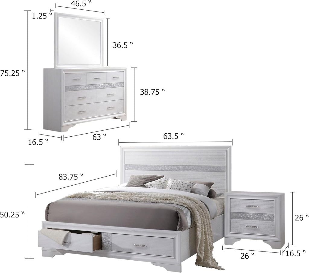 Benzara Vino White 4 Piece Queen Bed Set with Storage, Glitter Accent