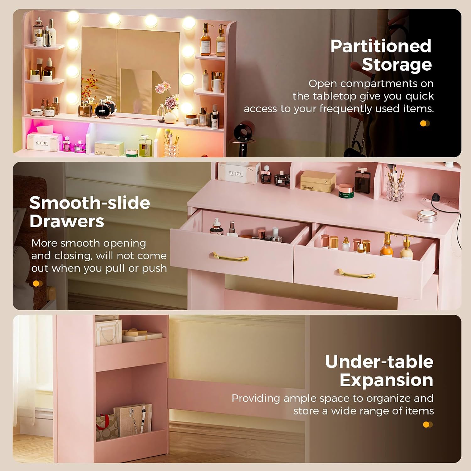 COMHOMA Vanity Desk with Lighted Mirror and Power Outlet, RGB LED Lights Makeup Vanity Set for Girls, Large Storage Capacity Dressing Table for Bedroom, 3 Lighting Modes Adjustable Brightness, Pink