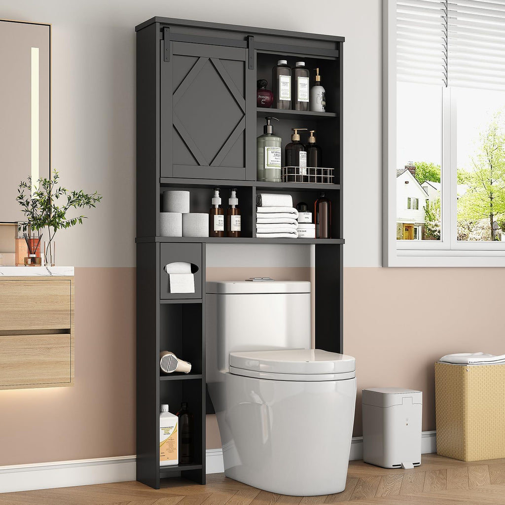 Over the Toilet Storage Cabinet with Farmhouse Sliding Barn Door, Above Toilet Organizer with Toilet Paper Holder Stand, Behind Toilet Shelf, Space Saver for Restroom, Bathroom, Laundry, Black