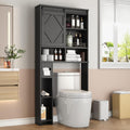 Over the Toilet Storage Cabinet with Farmhouse Sliding Barn Door, Above Toilet Organizer with Toilet Paper Holder Stand, Behind Toilet Shelf, Space Saver for Restroom, Bathroom, Laundry, Black