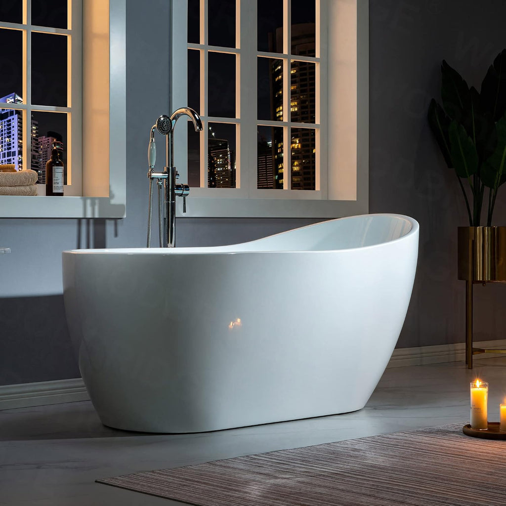 WOODBRIDGE 59' Acrylic Freestanding Bathtub Contemporary Soaking White Tub with Oil Rubbed Bronze Overflow and Drain,White,B1530 ORB