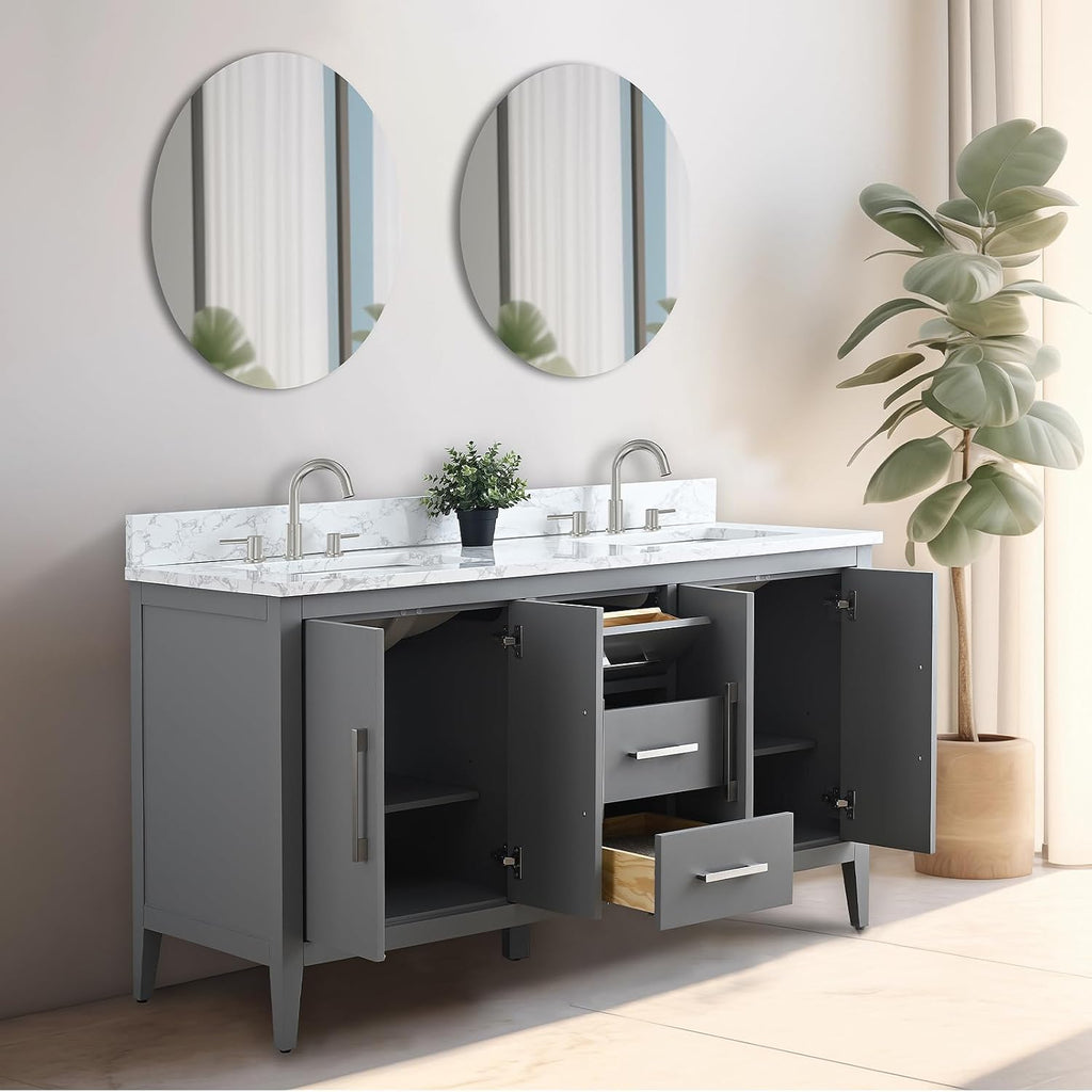 Vanity Art 60 inch Bathroom Vanity with Double Sink & Ceramic Top, Vanity Cabinet with Soft-Closing Doors, Drawers, Solid Wood Frame, Cashmere Gray,VA9060-DG-BN1