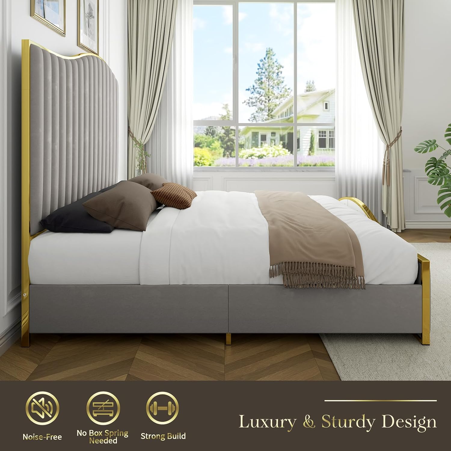 HOWE King Size Harp Bed Frame with 61.4' Extra Tall Curved Headboard, Velvet Upholstered Platform Bed with Gold Trim Accented Footboard, No Box Spring Needed, Wooden Slat Support, Light Grey