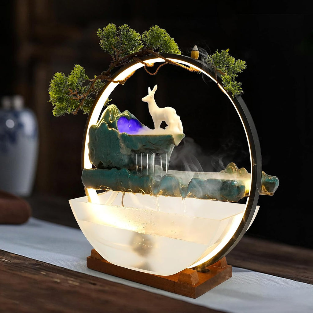 Tabletop Water Fountains, Indoor Waterfall with Round LED Light & Mist Maker & Fish Tank, Water Feature Feng Shui Decor for Meditation Entrance, L17.3*D5.3*H16.5in