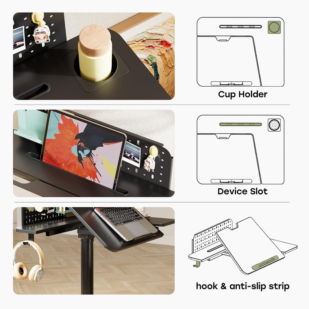 JOY worker Mobile Standing Desk with 60° Tiltable Desktop, 28' Height Adjustable Rolling Desk, DIY Pegboard & Storage Base, Portable Laptop Desk with 4 Lockable Wheels for Home Office, Black