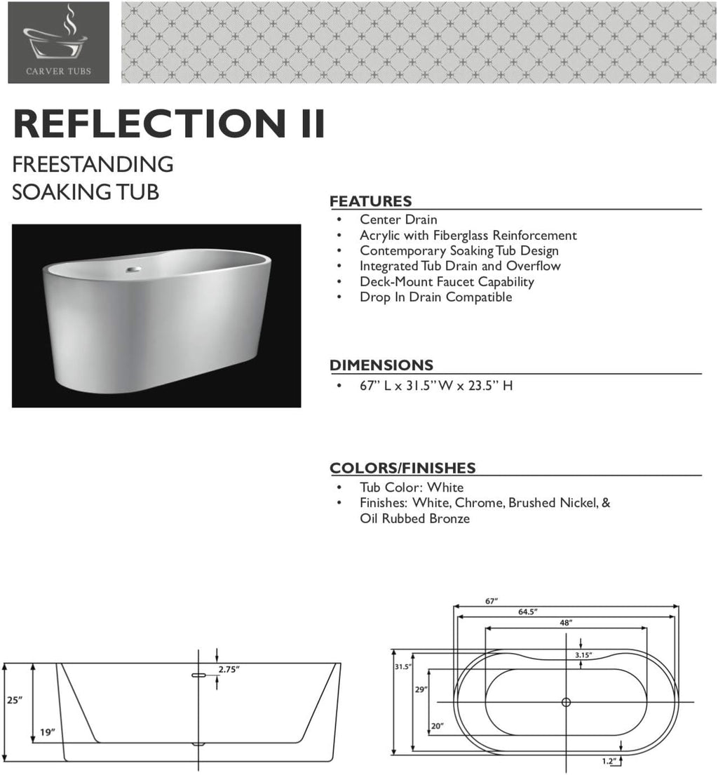 Carver Tubs - Reflection II 67' - Modern White Freestanding Two Person Bath tub with Brushed Nickel Drain, White Oval Spacious Acrylic Fiberglass Tubs, Deep Soaking Bathtub, 67'L X 31.5'W X 23.5'H