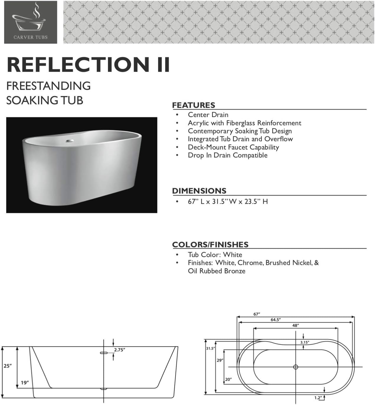 Carver Tubs - Reflection II 67' - Modern White Freestanding Two Person Bath tub with Brushed Nickel Drain, White Oval Spacious Acrylic Fiberglass Tubs, Deep Soaking Bathtub, 67'L X 31.5'W X 23.5'H