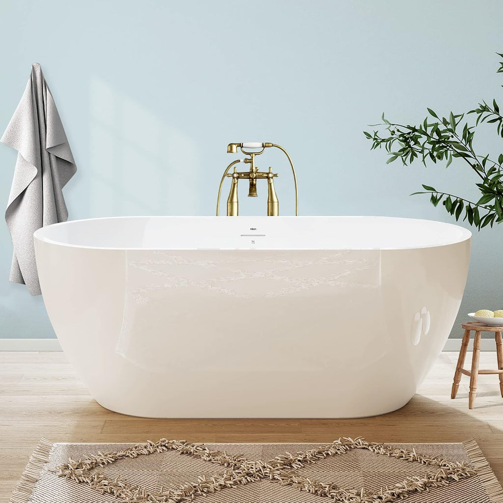 FerdY Bali 59' Acrylic Freestanding Bathtub, Gracefully Shaped Freestanding Soaking Bathtub with Brushed Nickel Drain & Minimalist Linear Design Overflow, Glossy White, cUPC Certified