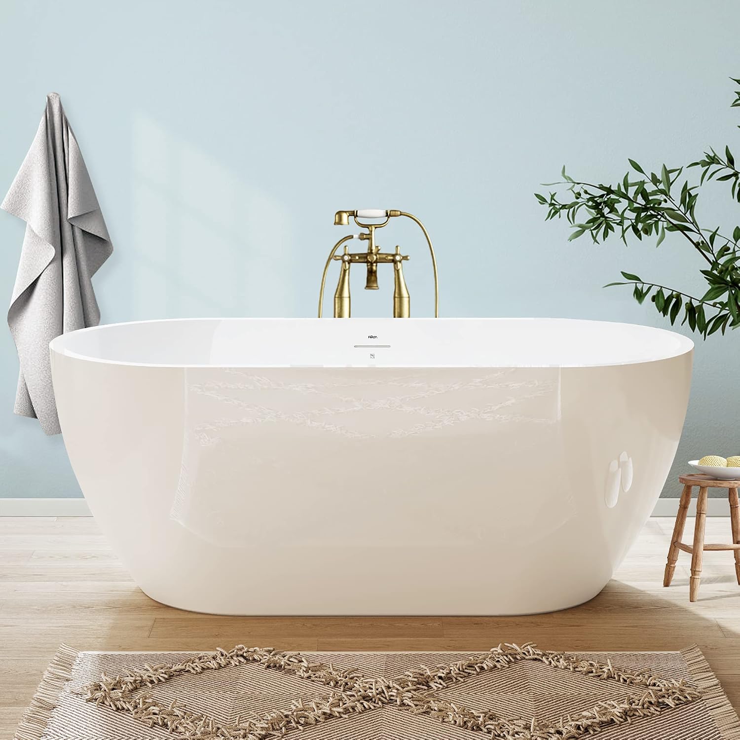 FerdY Bali 59' Acrylic Freestanding Bathtub, Gracefully Shaped Freestanding Soaking Bathtub with Brushed Nickel Drain & Minimalist Linear Design Overflow, Glossy White, cUPC Certified
