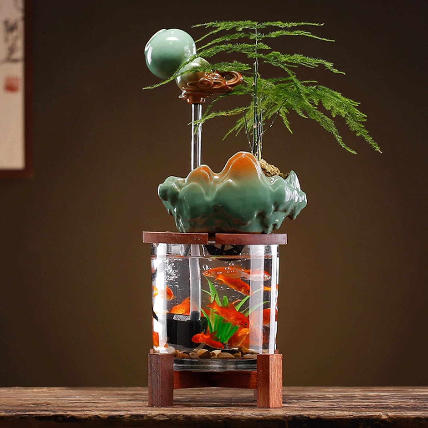 Indoor Floating Gourd Indoor Fountain w/Fish Tank Tabletop Aquarium Waterfall Fountain w/Wooden Base Feng Shui Zen Decor for Home Fuente(Green)