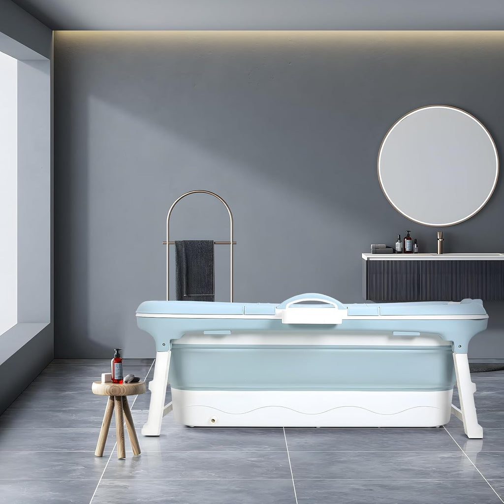 50' Foldable Bathtub for Adults, Large Portable Bath tub with Storage Basket, 1.3 Meter Foldable Bathtub with Thermal Cover for Indoor/Outdoor Use (Blue-50in)